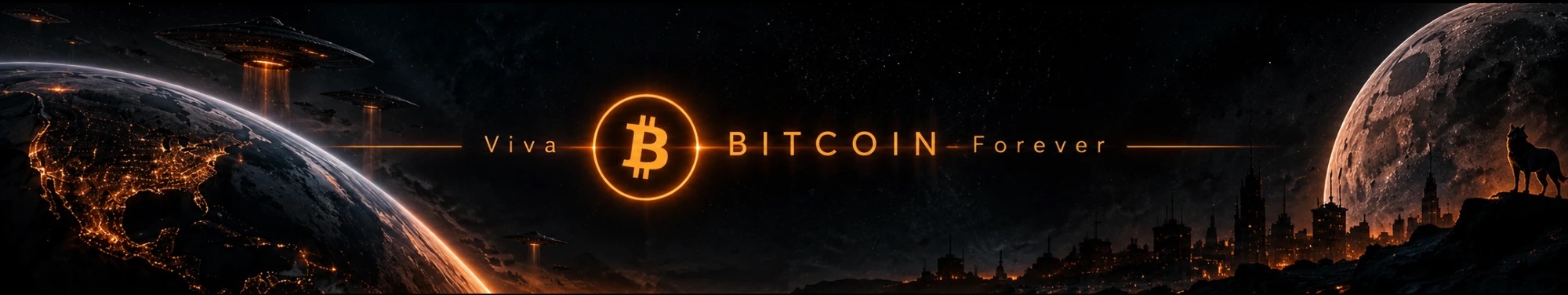 Viva Bitcoin Forever: Bitcoin logo between a glowing Earth with flying saucers and a moon over a city skyline