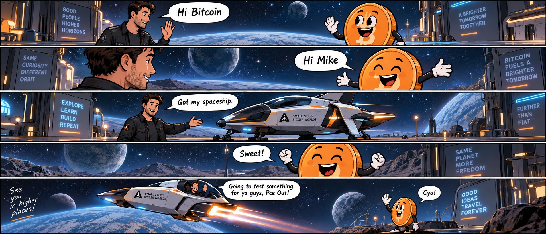 Five-panel comic: Mike says hi to a smiling Bitcoin coin, shows off his spaceship marked Small Steps, Bigger Worlds, and flies off saying he's going to test something for them. The coin waves: Cya! Caption: See you in higher places!