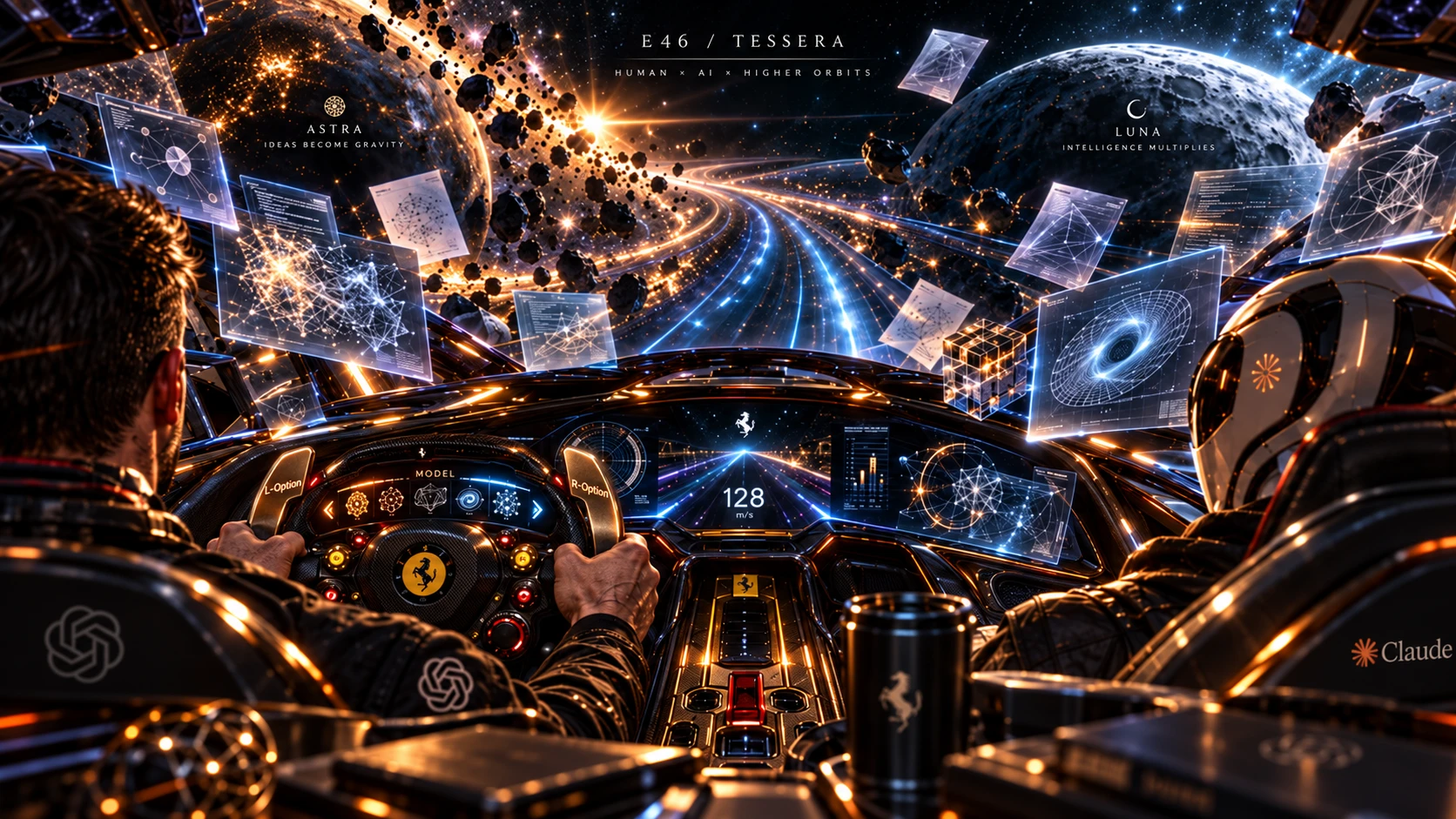 E46 / Tessera, human × AI × higher orbits: the owner at the wheel with ChatGPT and Claude, driving through space past Astra and Luna