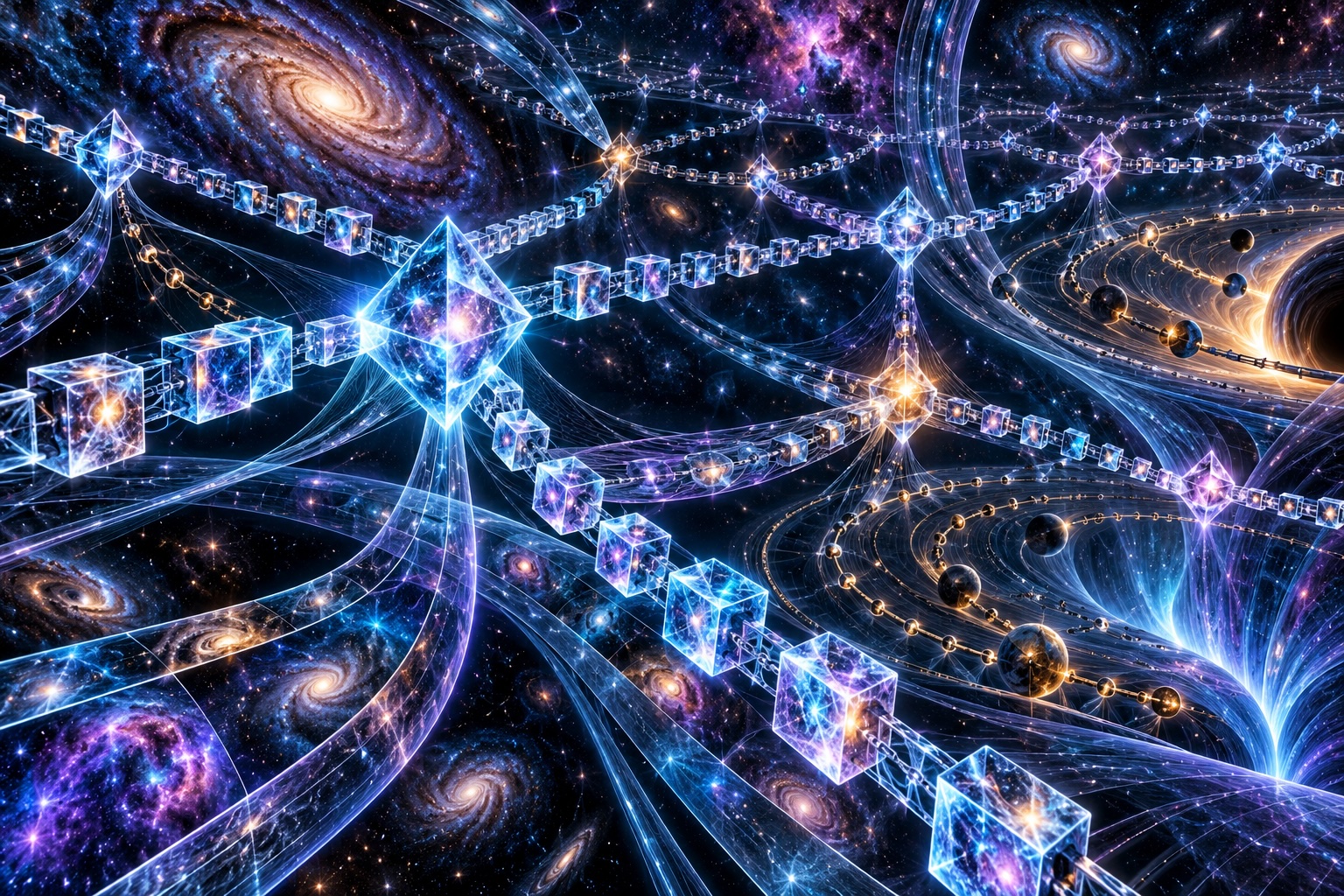 Luminous quantum-like links connect crystal blocks across galaxies and planetary systems